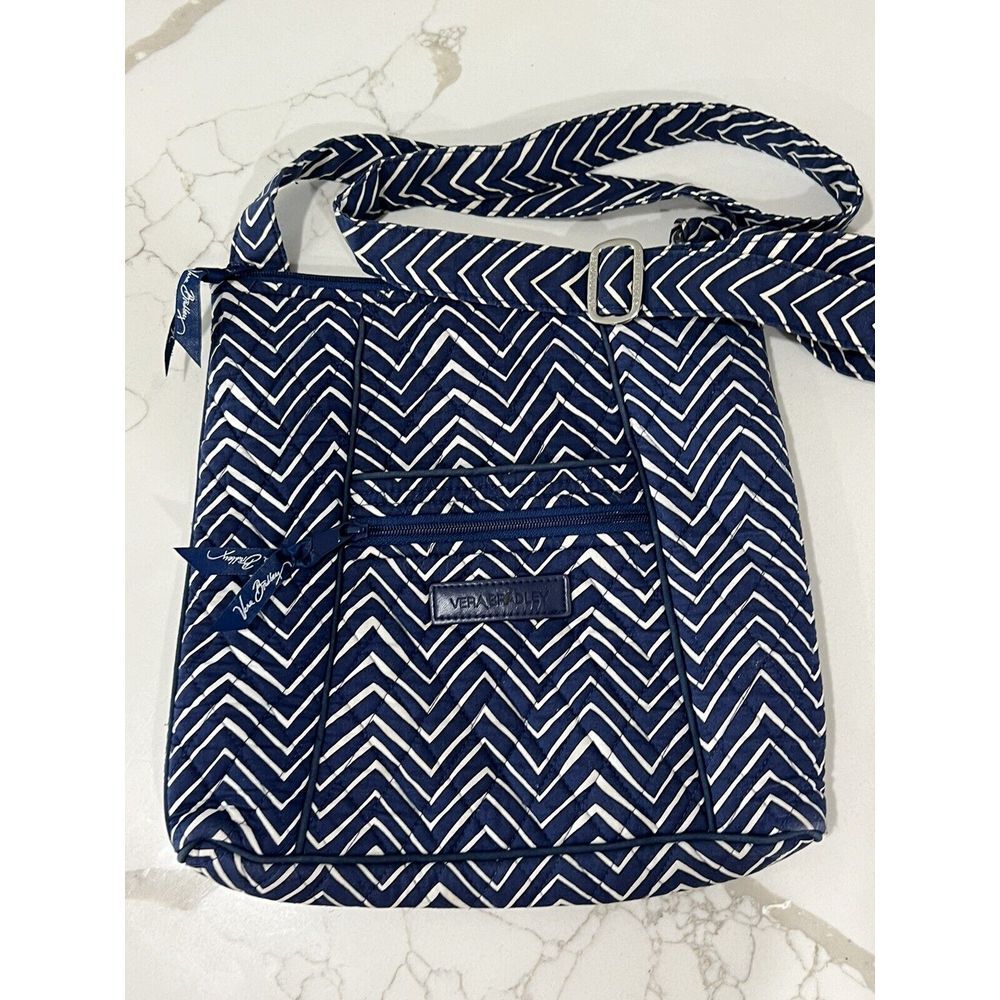 Vera Bradley Hipster Blue W/ White Zig Zag Lines‎ Quilted Shoulder Crossbody Bag